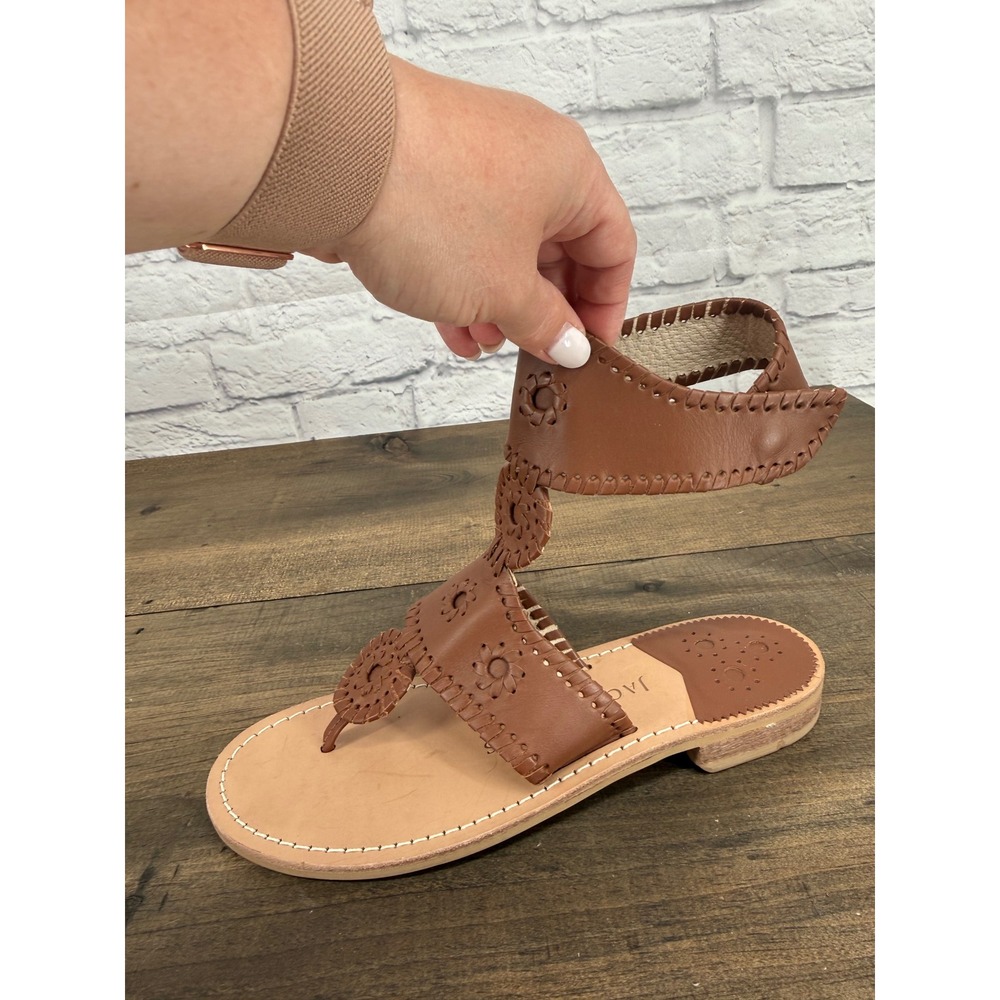 Jack Rogers Cognac Brown Leather Whipstitch Gladiator Thong Sandals Womens 7M - Picture 3 of 10